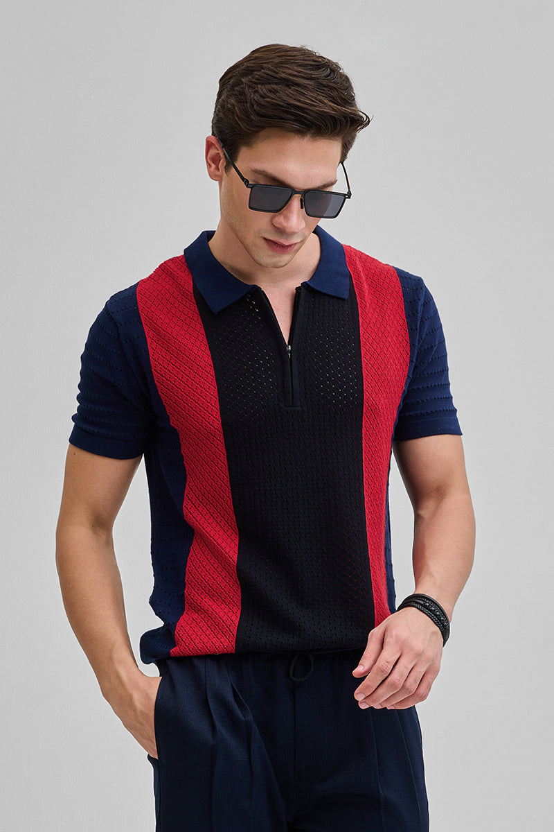 Navy Colourblocked Zipper Polo T-Shirt