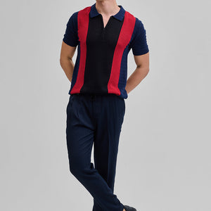 Navy Colourblocked Zipper Polo T-Shirt