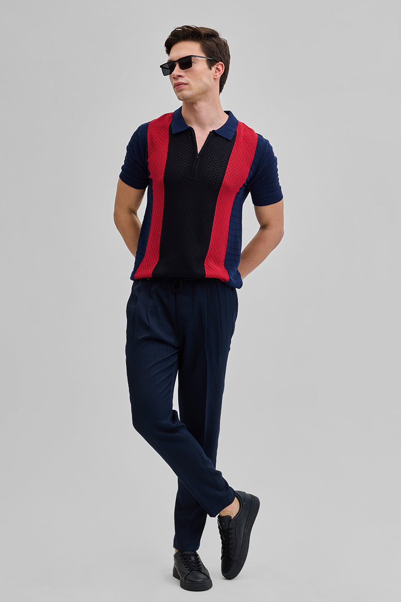 Navy Colourblocked Zipper Polo T-Shirt