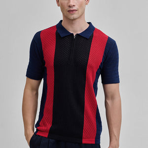 Navy Colourblocked Zipper Polo T-Shirt