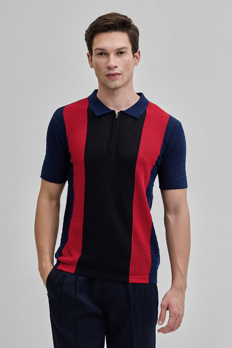 Navy Colourblocked Zipper Polo T-Shirt