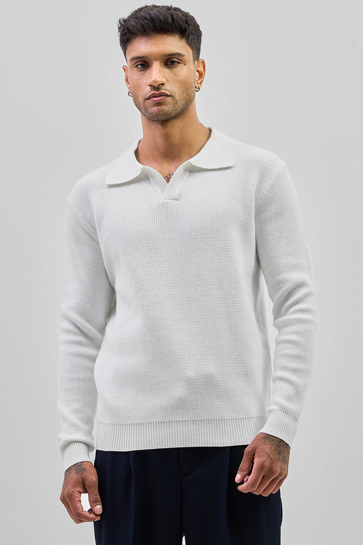 White Knitted Polo Sweater