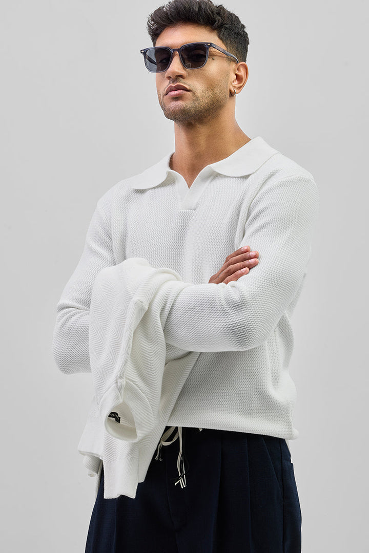 White Knitted Polo Sweater