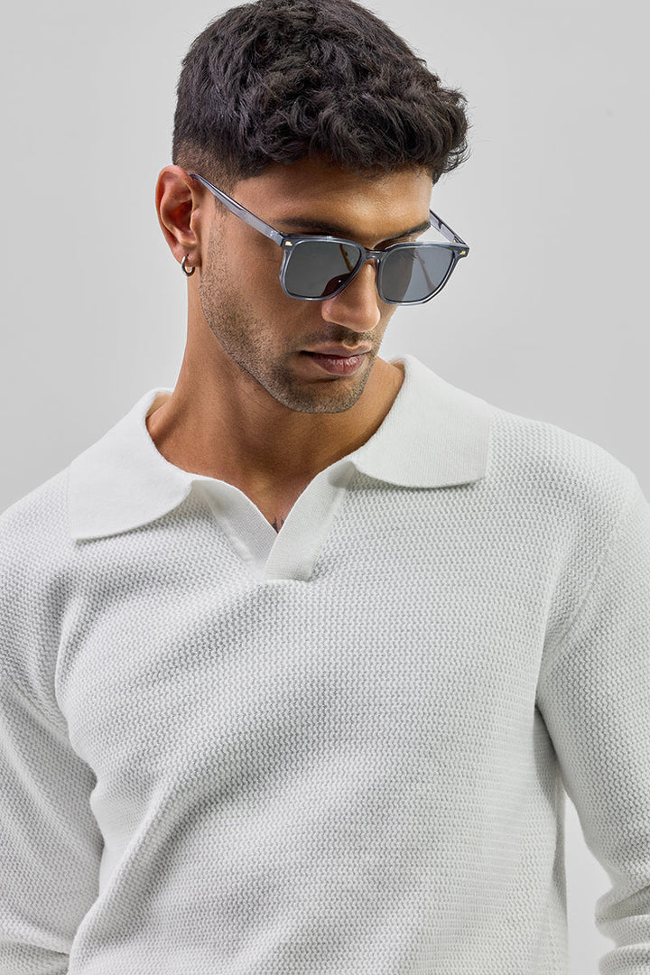 White Knitted Polo Sweater