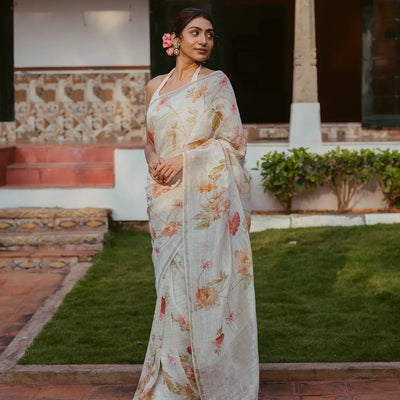 Cream Woven Linen Saree With Printed Floral Motifs