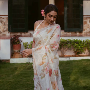 Cream Woven Linen Saree With Printed Floral Motifs