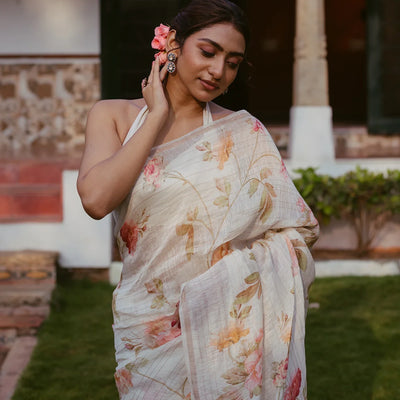 Cream Woven Linen Saree With Printed Floral Motifs