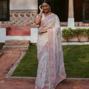 Cream Woven Organza Silk Saree With Embroidered Floral Motifs