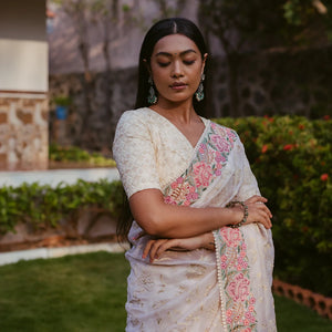 Cream Woven Organza Silk Saree With Embroidered Floral Motifs