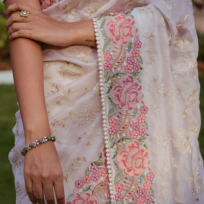 Cream Woven Organza Silk Saree With Embroidered Floral Motifs