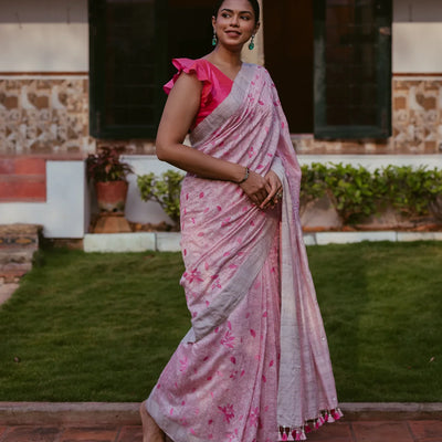 Pink Handwoven Linen Saree With Tree of Life Embroidery Motifs