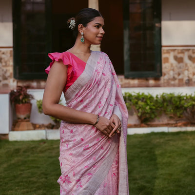 Pink Handwoven Linen Saree With Tree of Life Embroidery Motifs