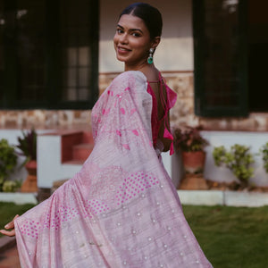 Pink Handwoven Linen Saree With Tree of Life Embroidery Motifs