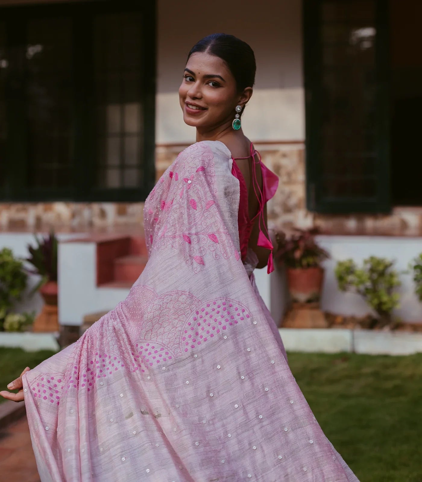 Pink Handwoven Linen Saree With Tree of Life Embroidery Motifs