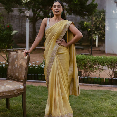 Mustard Woven Tissue Emboss Embroidery Saree