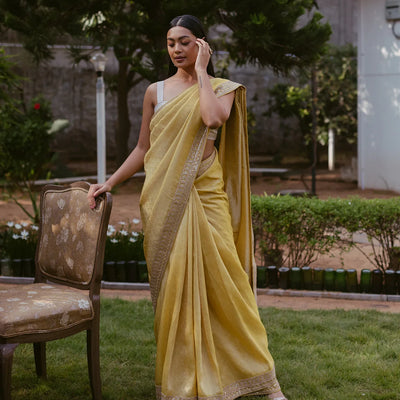 Mustard Woven Tissue Emboss Embroidery Saree