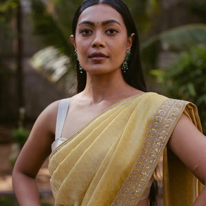 Mustard Woven Tissue Emboss Embroidery Saree