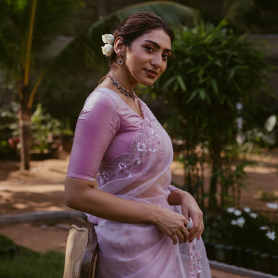 Lavender Woven Banarasi Glass Tissue Saree Embroidered With Floral Motifs