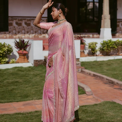 Multi Colour Woven Tissue Saree With Embroidery Stripes