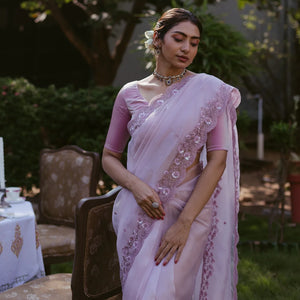 Lavender Woven Banarasi Glass Tissue Saree Embroidered With Floral Motifs