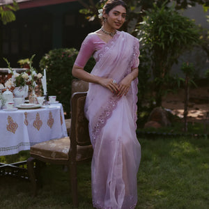Lavender Woven Banarasi Glass Tissue Saree Embroidered With Floral Motifs