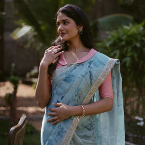 Turquoise Woven Organza Printed Saree With Embroidered Border