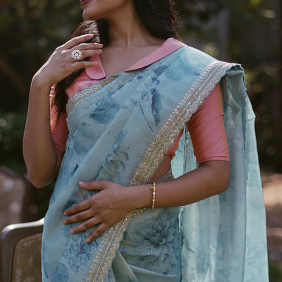 Turquoise Woven Organza Printed Saree With Embroidered Border
