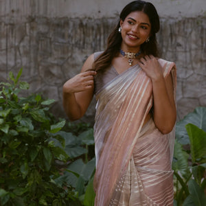 Peach & Taupe Woven Banarasi Tissue Silk Saree With Zari Stripes