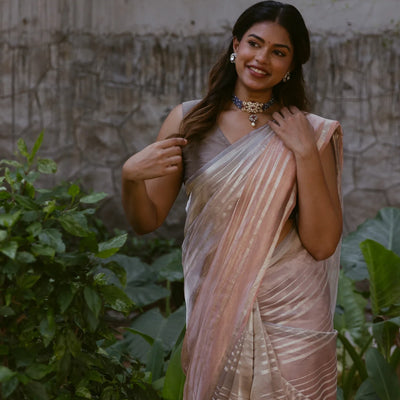 Peach & Taupe Woven Banarasi Tissue Silk Saree With Zari Stripes