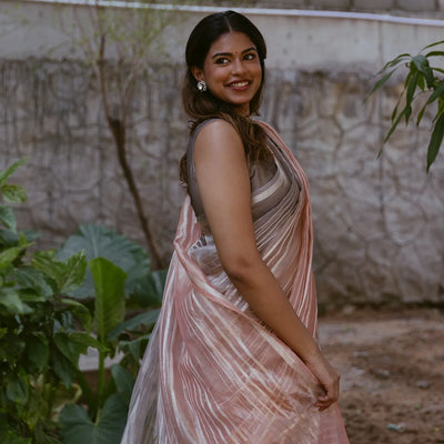 Peach & Taupe Woven Banarasi Tissue Silk Saree With Zari Stripes