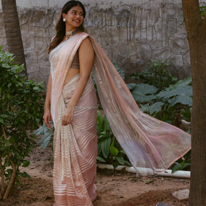 Peach & Taupe Woven Banarasi Tissue Silk Saree With Zari Stripes