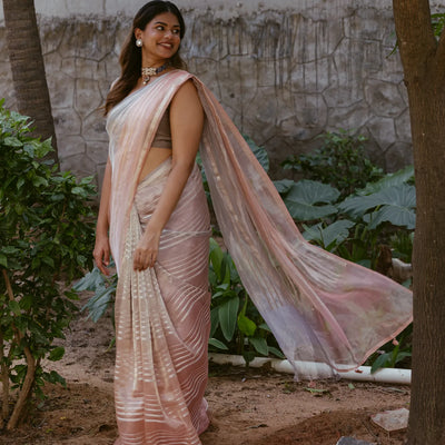 Peach & Taupe Woven Banarasi Tissue Silk Saree With Zari Stripes