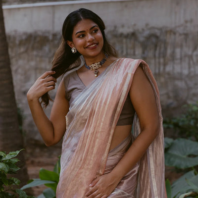 Peach & Taupe Woven Banarasi Tissue Silk Saree With Zari Stripes