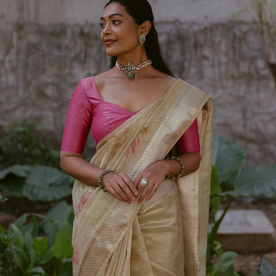 Gold Banarasi Crushed Tissue Saree With Hand painted Floral Motifs