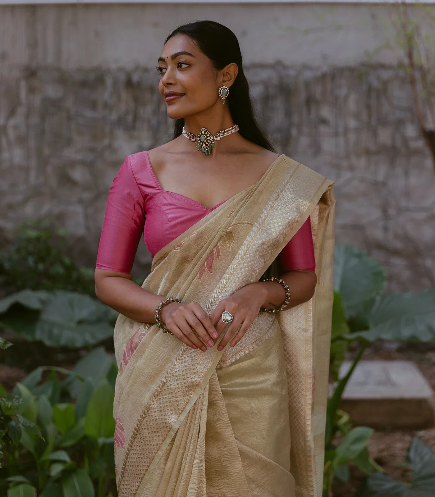 Gold Banarasi Crushed Tissue Saree With Hand painted Floral Motifs