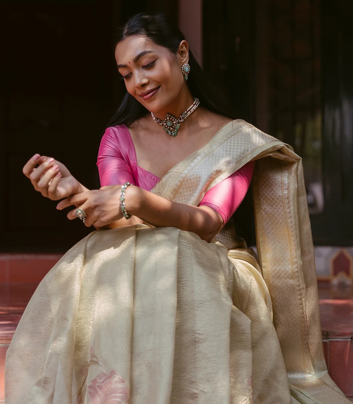 Gold Banarasi Crushed Tissue Saree With Hand painted Floral Motifs