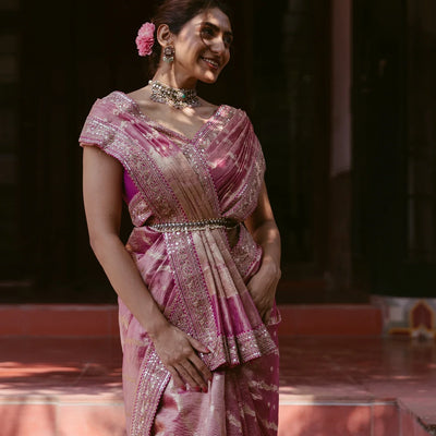 Peach Woven Crushed Tissue Saree With Embroidery