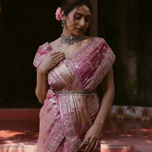 Peach Woven Crushed Tissue Saree With Embroidery