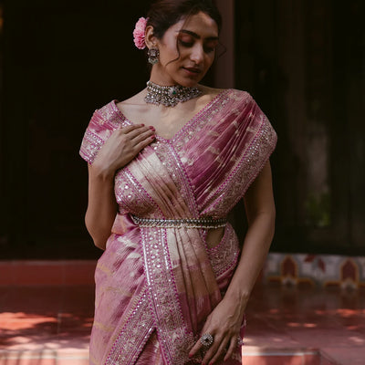 Peach Woven Crushed Tissue Saree With Embroidery