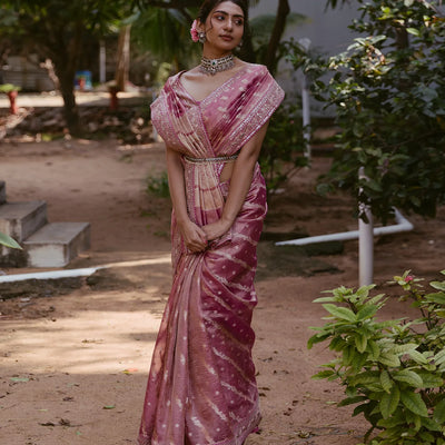 Peach Woven Crushed Tissue Saree With Embroidery