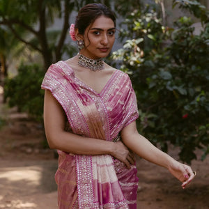 Peach Woven Crushed Tissue Saree With Embroidery