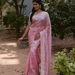 Bubble-gum Pink Woven Organza Silk Saree With Embroidered Floral Motifs