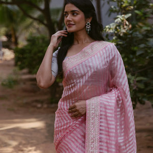 Bubble-gum Pink Woven Organza Silk Saree With Embroidered Floral Motifs
