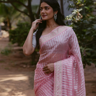 Bubble-gum Pink Woven Organza Silk Saree With Embroidered Floral Motifs