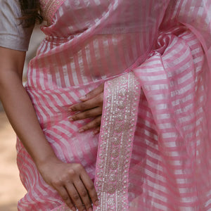 Bubble-gum Pink Woven Organza Silk Saree With Embroidered Floral Motifs