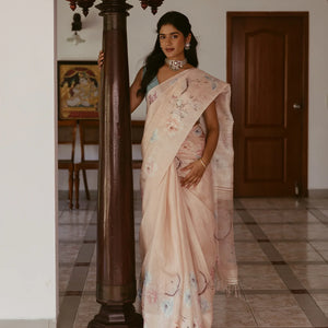 Light Peach Handwoven Tussar Saree With Printed Floral Motifs