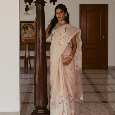 Light Peach Handwoven Tussar Saree With Printed Floral Motifs