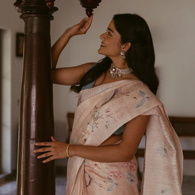Light Peach Handwoven Tussar Saree With Printed Floral Motifs
