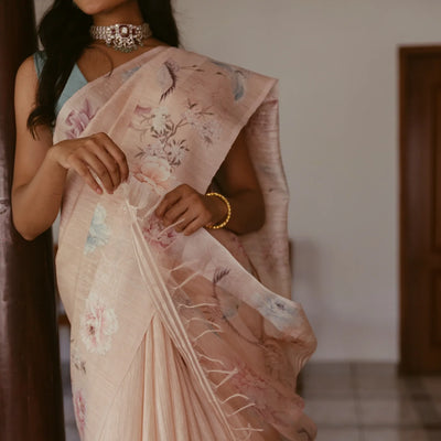 Light Peach Handwoven Tussar Saree With Printed Floral Motifs
