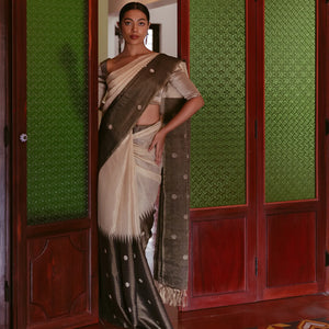Cream Handloom Tissue Saree With Long Brown Border